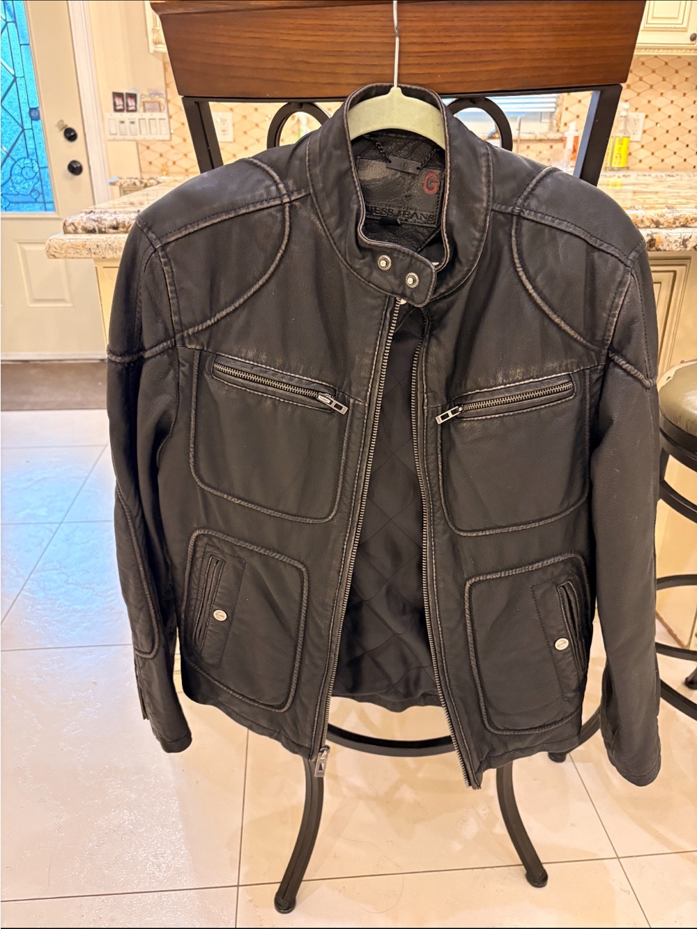 Guess Black Quilted-Lined Leather Bomber Jacket - Men